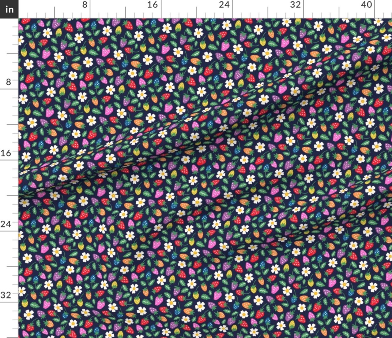 Summer Strawberry Bright Colorful White Flowers Small Scale Happy Whimsical Custom Printed Fabric by Spoonflower Various Fabrics by the Yard or Fat Quarter
